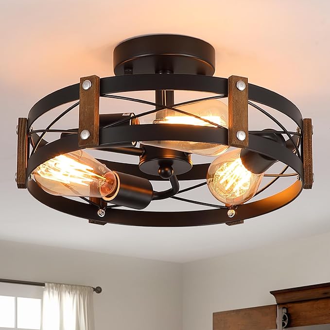 3-Light Rustic Farmhouse Wood Flush Mount Ceiling Light Fixture 13.6 inch Oak Wood and Metal Round Cage Semi Flush Mount Ceiling Light for Hallway Hall Entry Bedroom Kitchen Farmhouse, Black