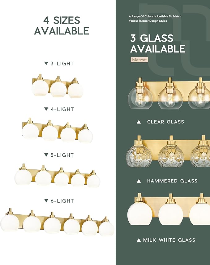 Bathroom Light Fixtures, 6-Light Brushed Gold Bathroom Vanity Lights Over Mirror with Globe Milk White Glass Shade, 38 Inch Modern Vanity Lighting Fixtures, VL195-BG-ML-6