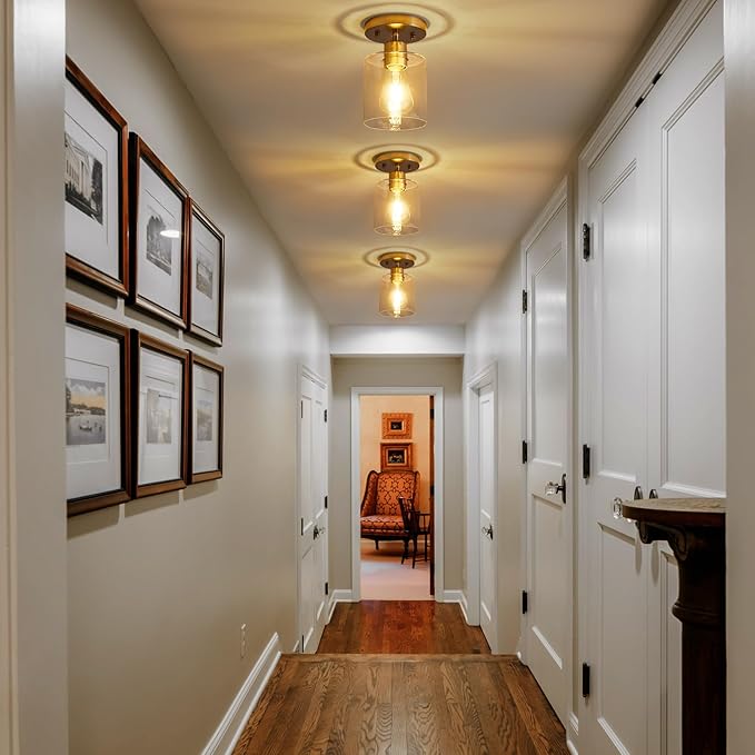 YYT Brushed Nickel 1-Light Semi Flush Mount Ceiling Light Fixtures Small Kitchen Ceiling Lights with Clear Glass Shade for Hallway Entryway Closet Bedroom Bathroom (Pack of 3)