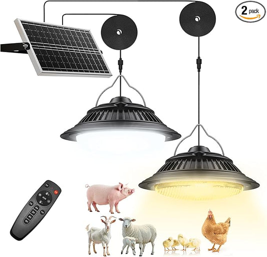 Solar Shed Lights Indoor 2 Pack, 3200K/4000K/6000K Dimmable Daytime Available Pendant Lights Outdoor with ON Off Switch & Remote Solar Powered Hanging Chandelier Lights for Home Barn Garage