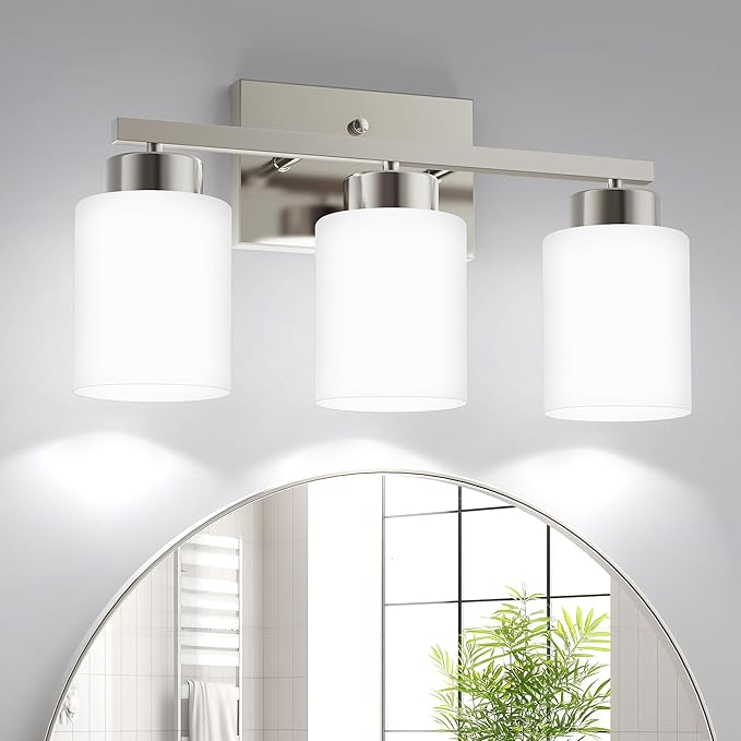 PARTPHONER 3-Light Brushed Nickel Bathroom Light Fixtures, Modern Vanity Light Over Mirror Lighting, Wall Sconce with Frosted Milky White Glass Shades for Bedroom Living Room Kitchen Hallway