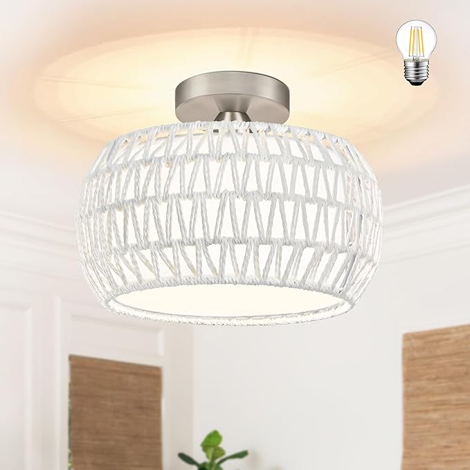 12.6 inch White Rattan Ceiling Light Fixture Hand-Woven Rattan Chandelier Boho Ceiling Light Fabric Shade Boho Chandelier for Kitchen Dinning Room (Bulb Incl.)