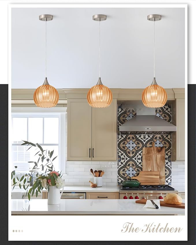 Brushed Nickel Pendant Lights Kitchen Island, Globe Pendant Light Fixtures with 8 Inch Clear Glass Shade, Modern Hanging Light Fixtures for Kitchen, Bedroom (1 Pack - Amber Glass Pendant Light)