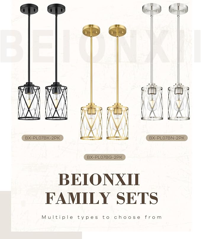 Beionxii 2 Pack Brushed Nickel Pendant Lights Kitchen Island, Glass Pendant Light Fixtures with Clear Glass and Rods, Kitchen Pendant Lighting Over Island, BX-PL07BN-2PK