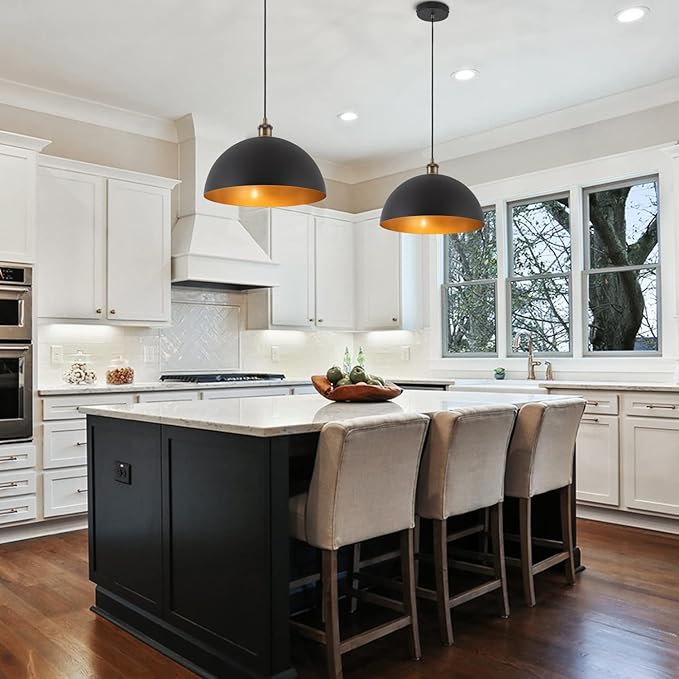 13.78" Modern Industrial Black Pendant Lights Farmhouse Dome Black Gold Pendant Lighting Vintage Golden Pendant Light for Kitchen, Dining Room, Bedroom, Hallway, Living Room, Set of 2