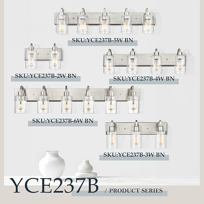 Emliviar 3-Light Vanity Light Fixture - Modern Bathroom Light Fixtures Over Mirror, Brushed Nickel Finish with Clear Glass, YCE237B-3W BN