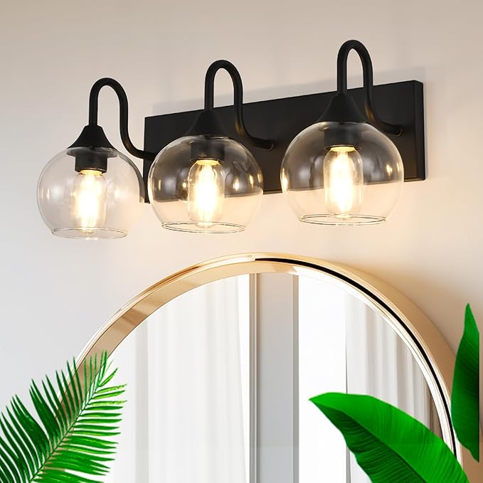Bathroom Light Fixtures, 3-Light Matte Black Vanity Light Over Mirror, Modern Wall Sconces 21" with Clear Glass Globe Shade, Bathroom Wall Lights for Mirror Kitchen Bedroom Hallway