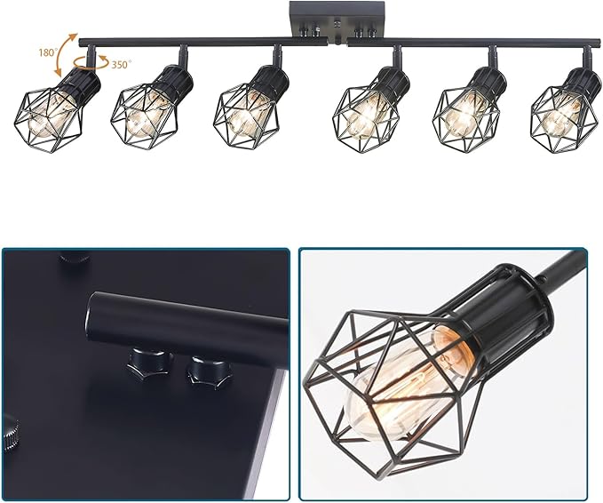 Black Track Lighting Fixtures Ceiling,6-Light Farmhouse Track Lighting with Metal Cage Design – Kitchen Lights Ceiling Mount for Kitchen, Living Room, Dining Room (E26 Base)