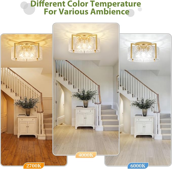 16'' Modern Gold Semi Flush Mount Ceiling Light, 4-Light Glass Drum Light Fixtures, Ceiling Lights for Hallway Entryway Bedroom Kitchen Canteen Bedroom Laundry Room Lighting Fixture Bulbs not Included