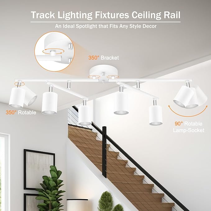 Track Lighting Fixture Ceiling, 30" Modern LED Track Lighting Kit, White 6 Light Ceiling Light for Kitchen, Rotatable Spotlight Heads, Flexible Wall Mount Spot Lighting for Island/Bedroom(NO Bulb)