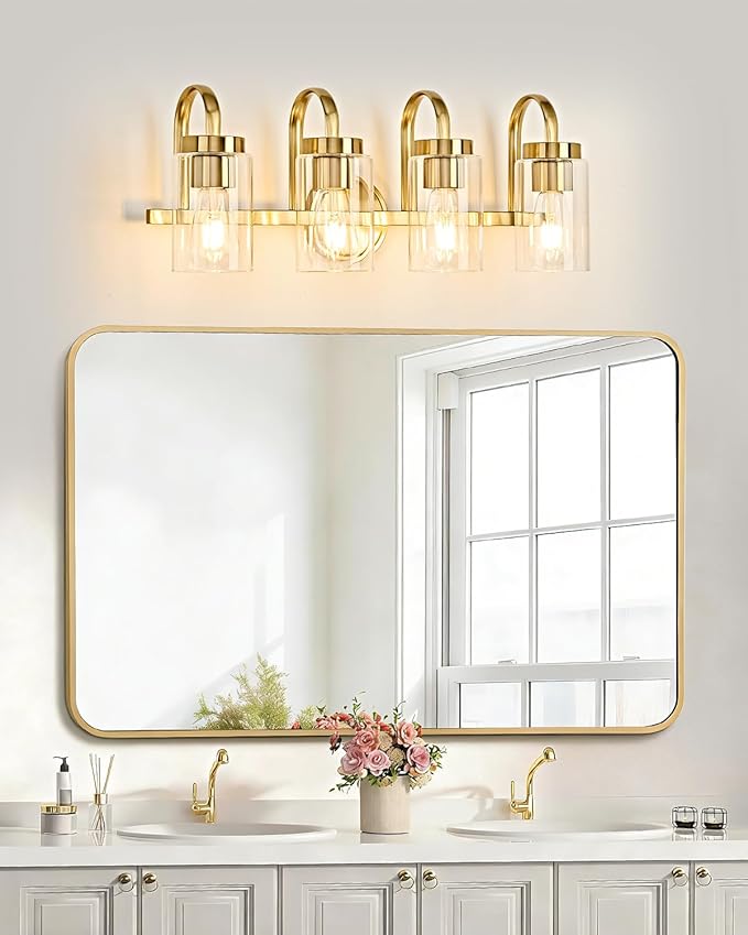 4 Light Bathroom Vanity Light, Gold Vanity Lights for Bathroom, Modern Light Fixtures Over Mirror with Clear Glass Shade, Wall Sconce Lighting for Bedroom