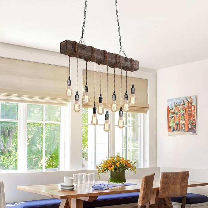 KEESFU 10-Lights Rustic Chandeliers for Dining Room, Farmhouse Wooden Ceiling Pendant Light, Height Adjustable, Rectangle Chandelier for Kitchen Island Dining Room Bar Pool Table Cabin.