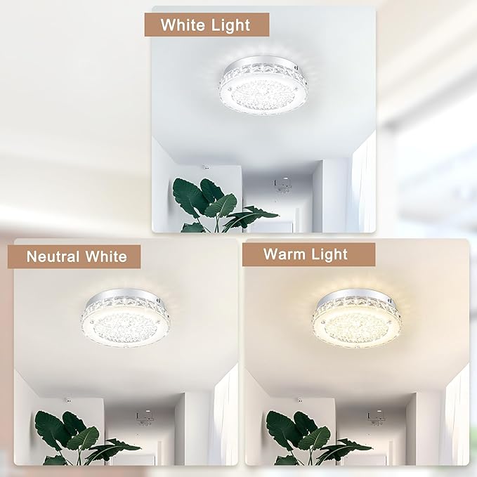 Crystal Ceiling Light Fixture Flush Mount LED Modern Ceiling Light 8.3 Inch Dimmable Crystal Chandeliers for Bedroom, Kitchen, Bathroom, Hallway, Entryway, Dining Room, Foyer, 1320 Lumen, 12W