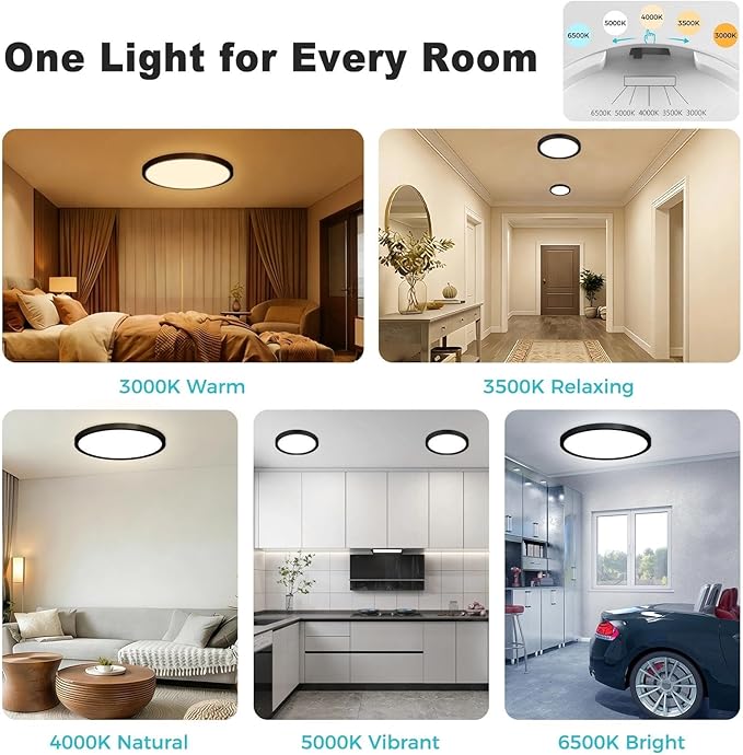 libtit 4Pack 7inch LED Flush Mount Ceiling Light, Dimmable & 5Color Temperatures (3000K-6500K), 15W Round Slim Black Light Fixture for Closet Hallway Kitchen Bathroom Laundry