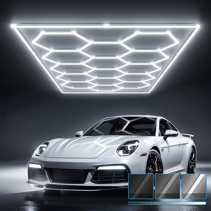 HYPERLITE Gen 2 Hexagon Garage Light, Upgraded 3 Level Dimmable 624W 62400LM Super Bright Garage Detailing Lights, 15 Grids with Rectangle Frame Shop Light, Hexagon LED Lights for Gym