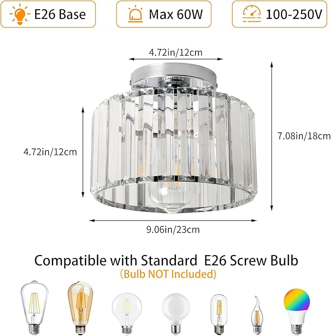 9 Inch Chrome Crystal Ceiling Light Fixture - Modern Semi-Flush Mount Chandelier with Premium Crystals for Entryway, Dining Room, Bedroom, Kitchen
