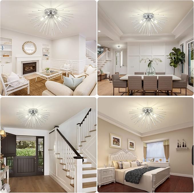 CM MZY Sputnik Flush Mount Ceiling Light Fixture, 6-Light Chrome Firework Ceiling Lights, 19.6" Modern Chandeliers Close to Ceiling Lamp for Bedroom Kitchen Hallway Entryway, G9 Socket