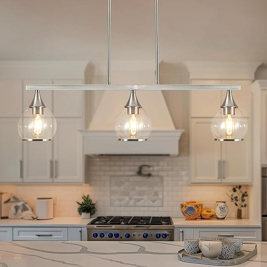 Island Light for Kitchen, 3-Light Brushed Nickel Island Pendant Lighting with Clear Round Glass Shades for Dining Table, Living Room