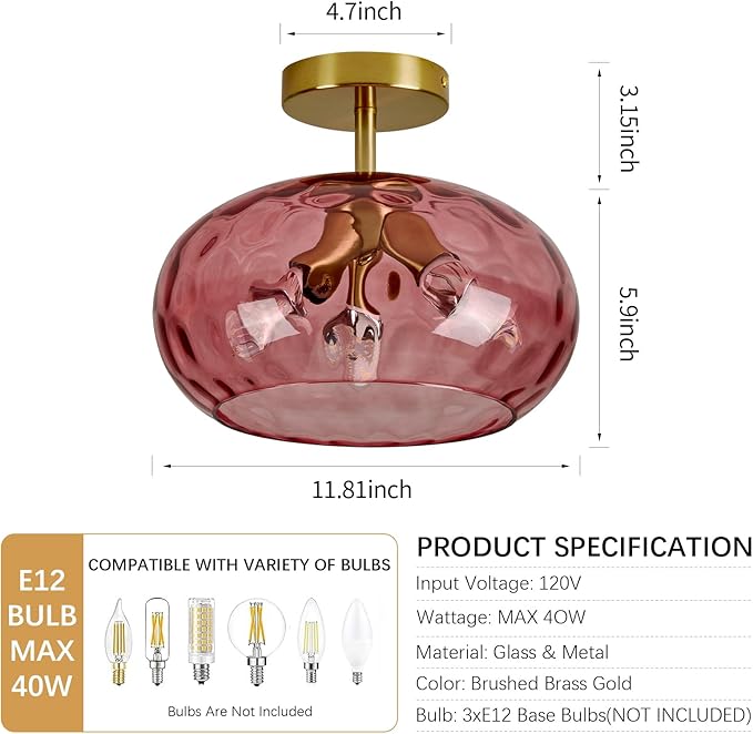 Red Glass Semi Flush Mount Ceiling Light - 12 Inch Hammered Glass Hallway Light fixtures, Vintage Gold Flush Mount Ceiling Light,Mid Century Light Fixture for Entryway Laundry Room Foyer Porch