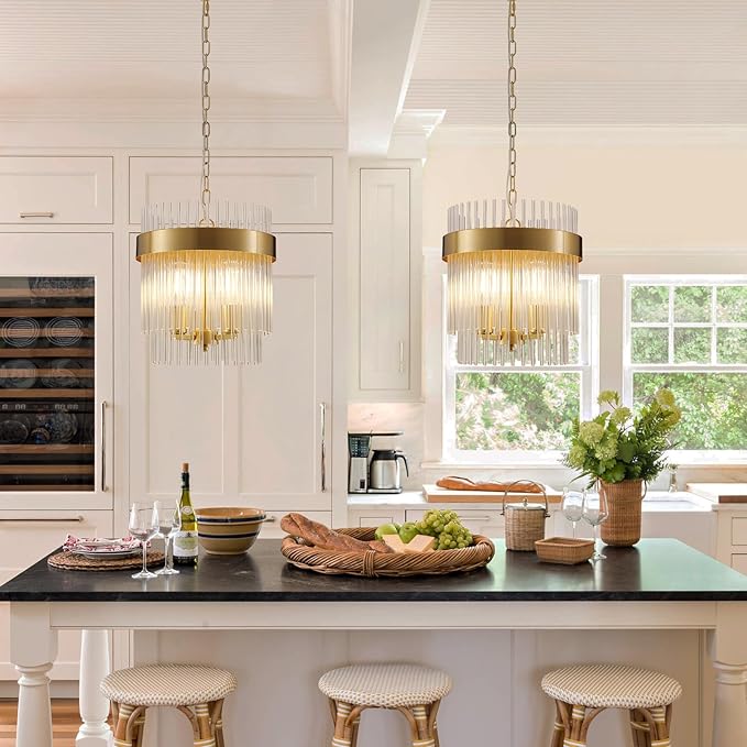 Dijiahua 3-Light Gold Pendant Lights Kitchen Island, 2-Tiers Crystal Pendant Light Fixtures Over Table, 12.6''Dia Brass Dining Room Glam Chandelier,Modern Adjustable Cord Hanging Lamp for Bedroom
