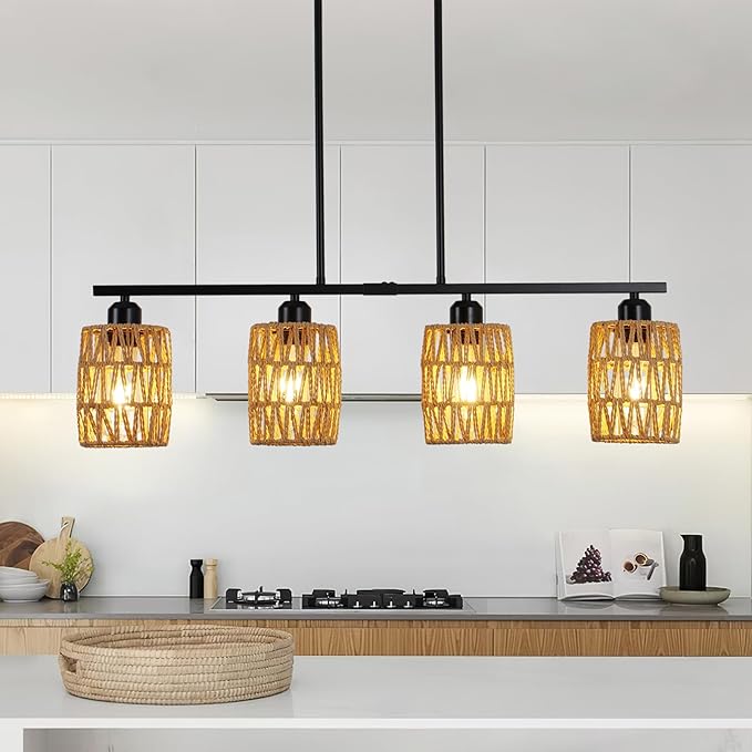 Rattan Kitchen Island Lighting,Boho Coastal Chandelier,4-Light Rustic Pendant Light for Dining Room,Height Adjustable,Black Farmhouse Woven Hanging Lights Fixture Over Table.