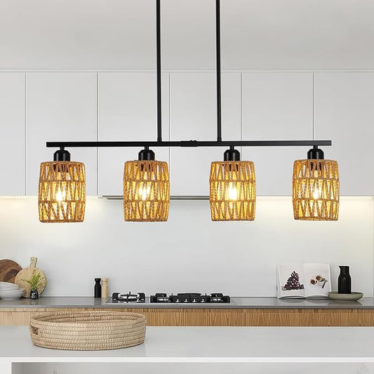 Rattan Kitchen Island Lighting,Boho Coastal Chandelier,4-Light Rustic Pendant Light for Dining Room,Height Adjustable,Black Farmhouse Woven Hanging Lights Fixture Over Table.