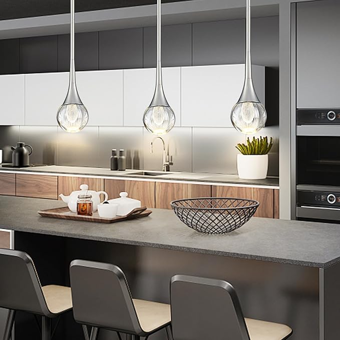1-Pendant Lights Kitchen Island, Silver Globe Crystal Ceiling Hanging Light Fxitures, LED Raindrop Light Fixtures Metal Rod Ceiling Glass Pendant Lighting for Kitchen Island Dining Room Bar