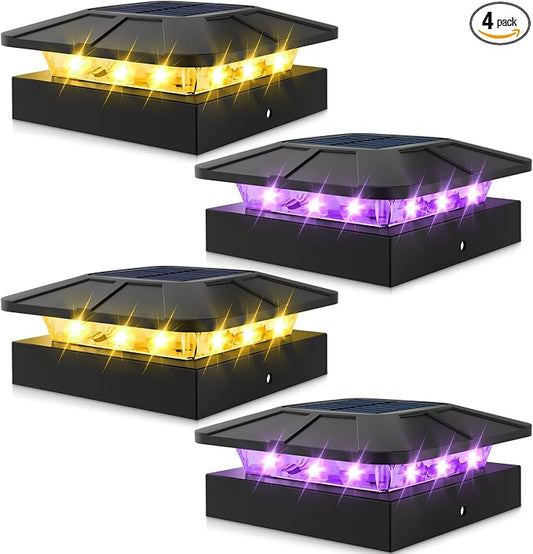 Peasur 4x4 Solar Post Lights Outdoor, 4 Packs Purple & Warm White LED Fence Caps Light Waterproof, Wood & Vinyl Post Top Lighting for Deck Mailbox Railing Porch Outside