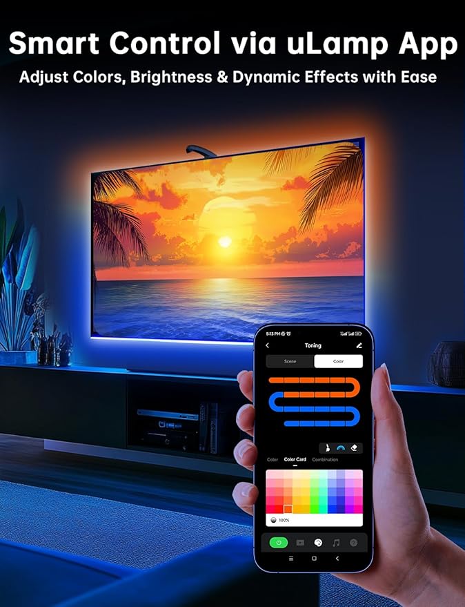 FFJ TV Lights that Change with Screen, 18ft Cuttable LED Backlight for 75-85 Inch Screen and PC Monitor, Backlight with Sensor, Smart App Control, Game & Music Sync Color Changing Lights