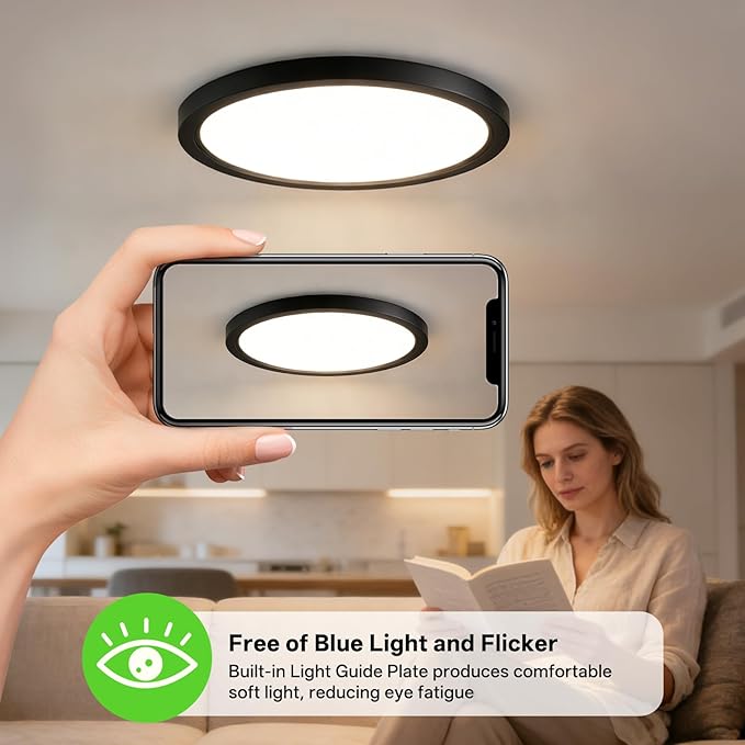 12 Inch 4Pack Super Slim Flush Mount Ceiling Light Fixture,24W 3200LM Dimmable 5CCT Selectable 2700K-5000K Round Light Fixture for Living/Bedroom,Kitchen/Bathroom,Porch &All Indoor Spaces Black
