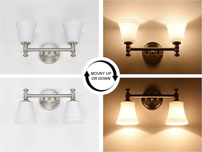 Bathroom Vanity Light Fixtures, Traditional Brushed Nickel 2 Lights Wall Sconce Lighting with Opal Glass Shade, Porch Wall Mount Light Fixture for Bathroom, Mirror Cabinets Hallway Stairs