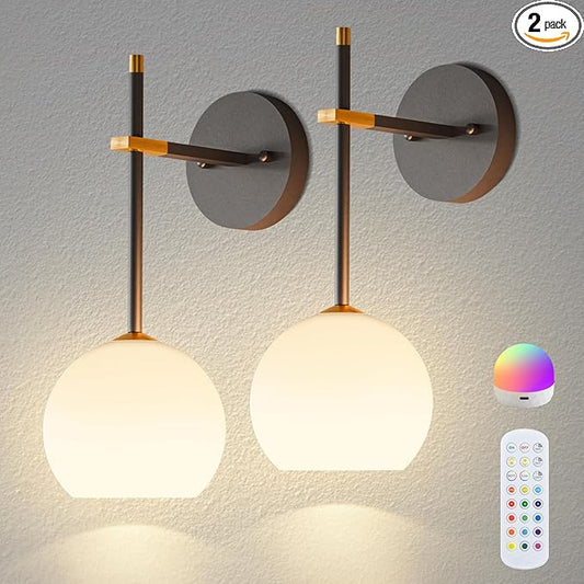 Black and Gold Battery Operated Wall Sconces Set of 2, Wireless Rechargeable Wall Light Fixtures for Home Decor, 12 RGB and 3CCT Dimmable Wall Lamps with Remote for Bedroom Living Room Hallway