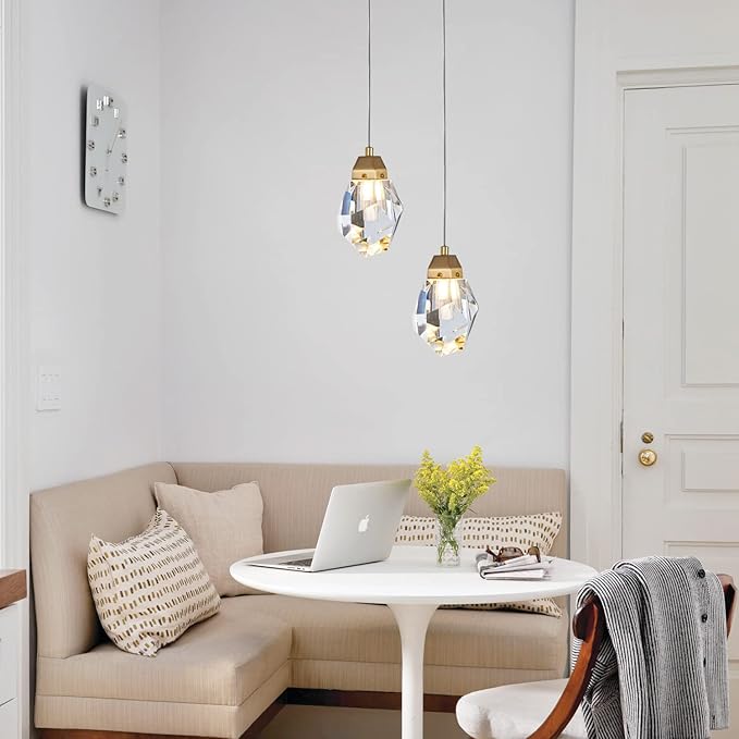 1-Light Diamond Crystal Pendant Light, Mini Ceiling Hanging Light in Gold Brushed Brass Finish Prism Crystal Color Changing Led Hanging Light for Kitchen Island Bathroom Bedroom Bar