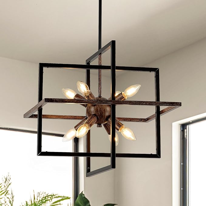 8-Light Farmhouse Sputnik Wood Pendant Light, 18.9'' Vintage Rustic Brown Wood Chandeliers,Retro Industrial Hanging Light Fixtures for Dining Room
