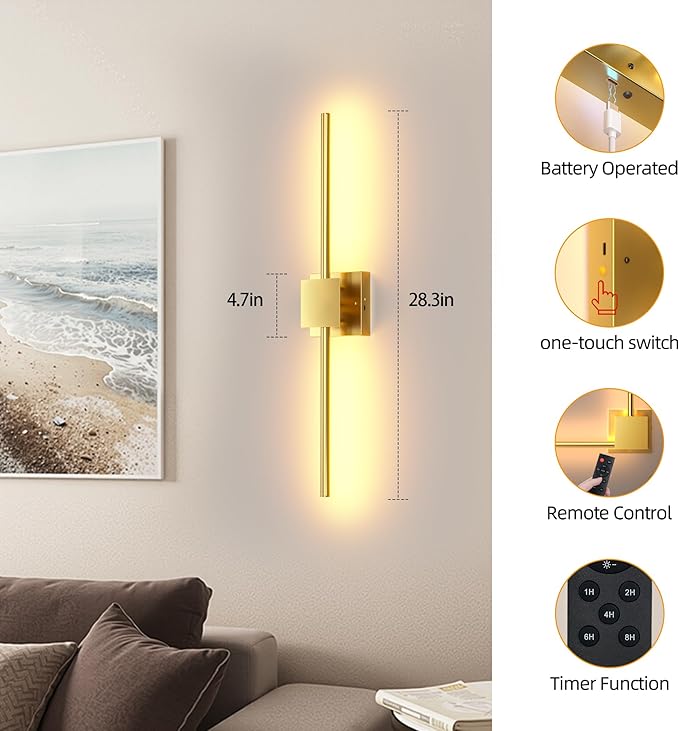 Torchlet Battery Operated Wall Sconces Set of 2 with Remote Control,DIY Independent Rotation Picture Lights,3000K-6000K Dimmable LED Rechargeable Wall Lights for Living Room Bedroom, 28.3'' Gold