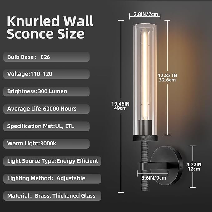 Modern Black Hardwired Wall Sconces 2 Pack, 20'' Knurled Bathroom Wall Sconce, Indoor Wall Sconce,Copper and Glass Vanity Light, for Living, Bedroom, Hallway, Staircases, Include Bulbs