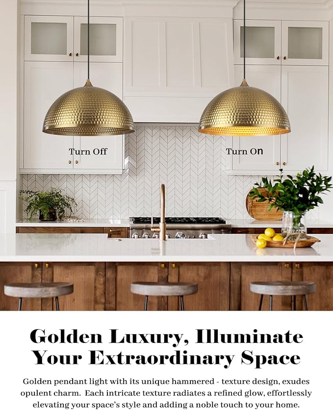 Gold Pendant Light 16 inch, Hammered Large Dome Pendant Light, Industrial Farmhouse Pendant Lights Kitchen Island, Oversize Gold Kitchen Pendant Lights for Kitchen, Dining Room 3 Packs