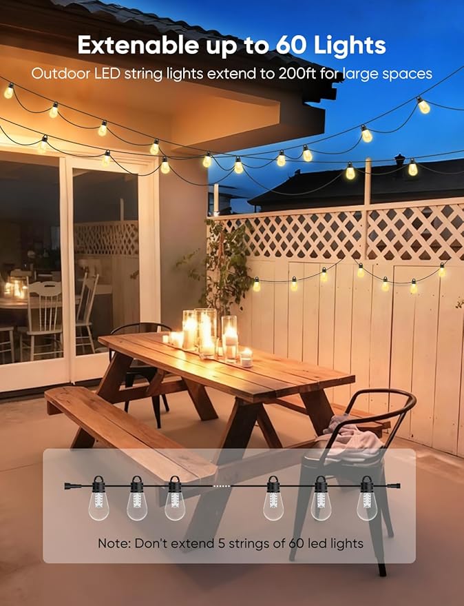 APPECK Outdoor String Lights, 50ft Smart RGBW Patio Lights Outside with 15 LED Bulbs, Extendable, 111 Scene Modes, IP65 Waterproof Lighting for Backyard, Dimmable Warm White, Compatible with Alexa