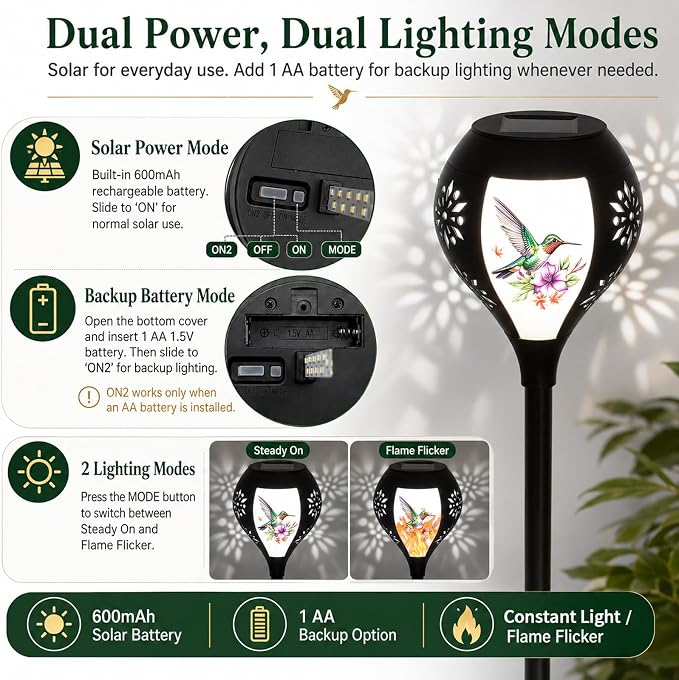 Solar Lights Outdoor Waterproof, Solar Pathway Lights Decorative with Dual Power-Solar/Battery, Solar Garden Lights Hummingbird Pattern Stakes Lighting for Outside Decor, Yard, Patio, Landscape, Lawn