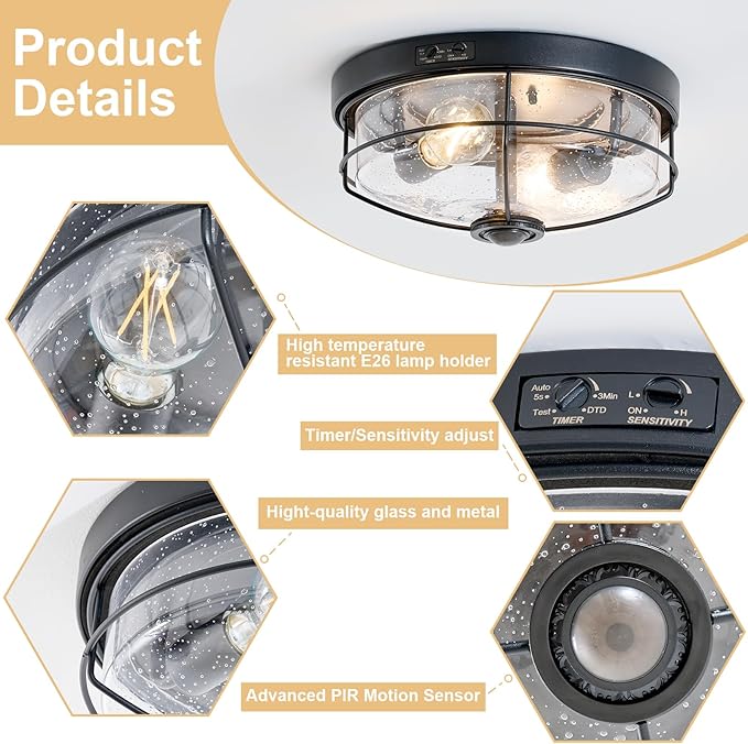 Motion Sensor Outdoor Flush Mount Ceiling Light, Industrial Glass Rustic Wood-Like Finish 2-Light Ceiling Lamp for Porch, Entryway, Garage, Timer and Sensitivity Adjustable (Black-Bubble Glass)