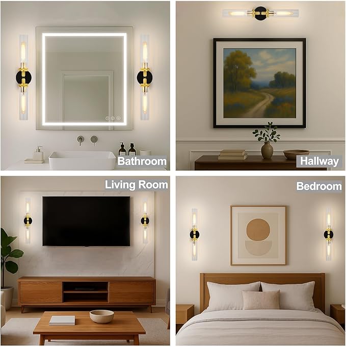 LaLuLa Black and Gold Vanity Light Fixtures – Modern Hardwired Dual-Light Wall Sconces with Rippled Glass Shades, Textured Metal Bathroom Lighting for Over Mirror or Hallway, 25" Height