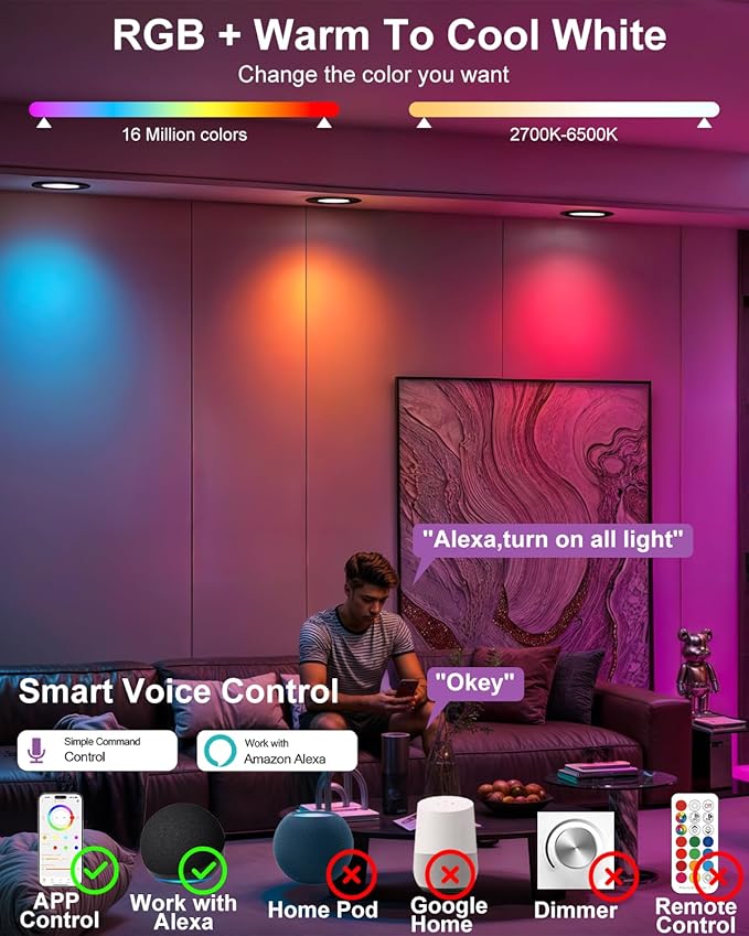 LED Recessed Lighting 5/6 inch, Smart Bluetooth Can Lights, 13W 1050LM, RGB Color Changing Selectable, Retrofit Led Recessed Light Fixtures Compatible with Alexa for Bedroom Living Room Kitchen, 2Pack
