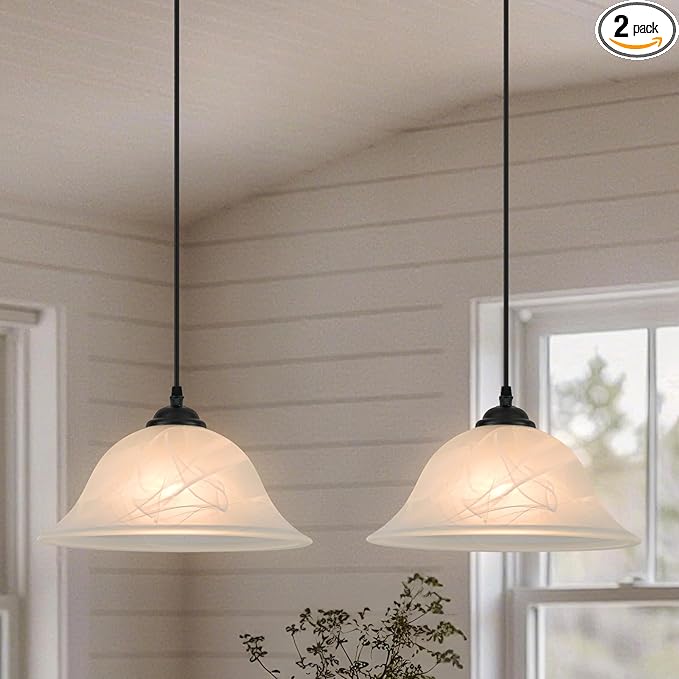 Black Pendant Lights Kitchen Island 2 Pack, 11.8 Inch White Glass Pendant Light with Frosted, Alabaster Island Pendant Lights, Vintage Farmhouse Pendant Lights for Dining Room, Bar, Cafe