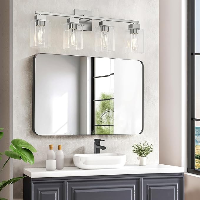 Espird 4 Light Bathroom Vanity Light - Brush Nickel Matte Vanity Lights Square Design & UL Certification & Square 26” Silver Bathroom Lights Fixture Over Mirror, Brush Nickel Light for Bedroom