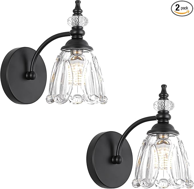 Vintage Black Wall Sconces Set of Two, Matte Black Bathroom Vanity Light Fixtures, G9 Bulbs Bathroom Sconces Set of 2, Glass Wall Lights for Bathroom, Bedroom, Hallway