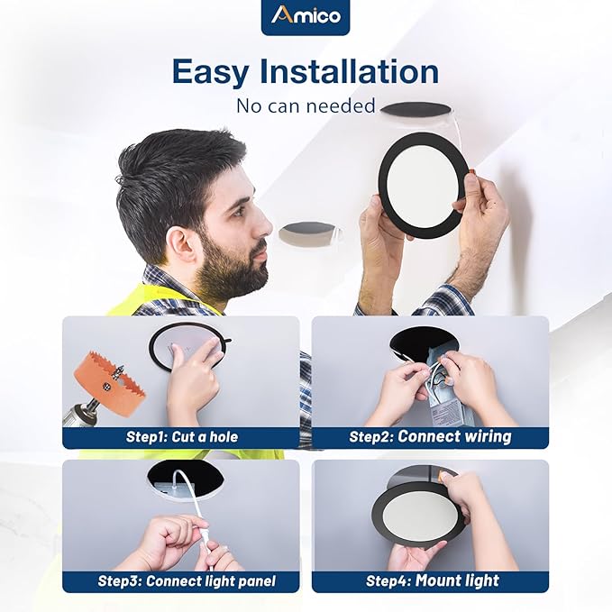 Amico 12 Pack 7 Inch 5CCT Ultra-Thin LED Canless Recessed Ceiling Light with Junction Box, 2700K/3000K/3500K/4000K/5000K Selectable, 15W=100W, 1300LM Brightness, Dimmable Wafer Downlight,ETL&FCC,Black
