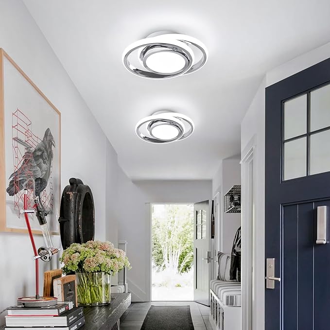 CANEOE 2 Packs Small Modern LED Ceiling Light,2 Rings Creative Design Ceiling Lamp Indoor Hallway Lighting Fixtures for Hallway Living Room Bedroom Kitchen Office (Chrome)
