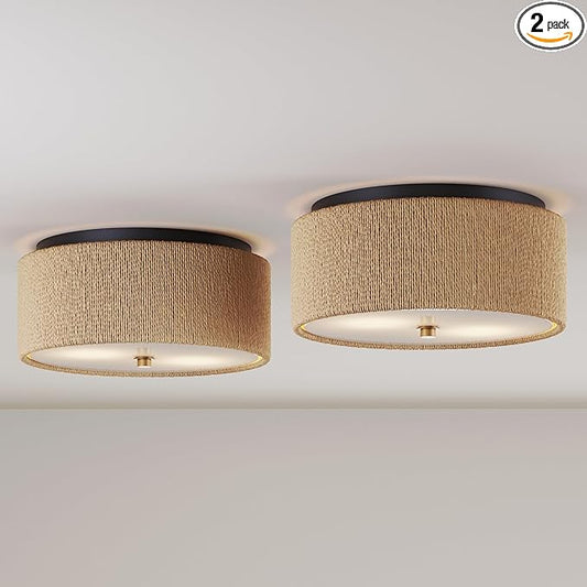 Nathan James Juluca Boho Light Fixture, Flush Mount Ceiling Light with Frosted Glass Diffuser, Rustic Boho Ceiling Light with Seagrass Shade Set of 2