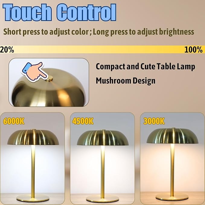 2 Pack Cordless Mushroom Table Lamp with 5200mAh Rechargeable Battery, Portable LED Night Light with Stepless Dimming, 3 Color Modes for Bedroom, Patio, Bar Decor and Coffee Shop Ambiance (Silver)
