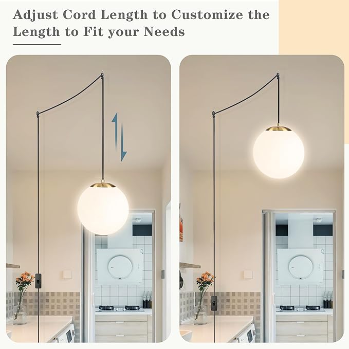 KoKo&Yukina 10" Globe Pendant Light Gold Plug in Pendant Light Adjustable Hanging Lights with Plug in Cord Brushed Gold Finished with Milk Glass Lampshade for Bedroom Kitchen Island（Bulb Included）